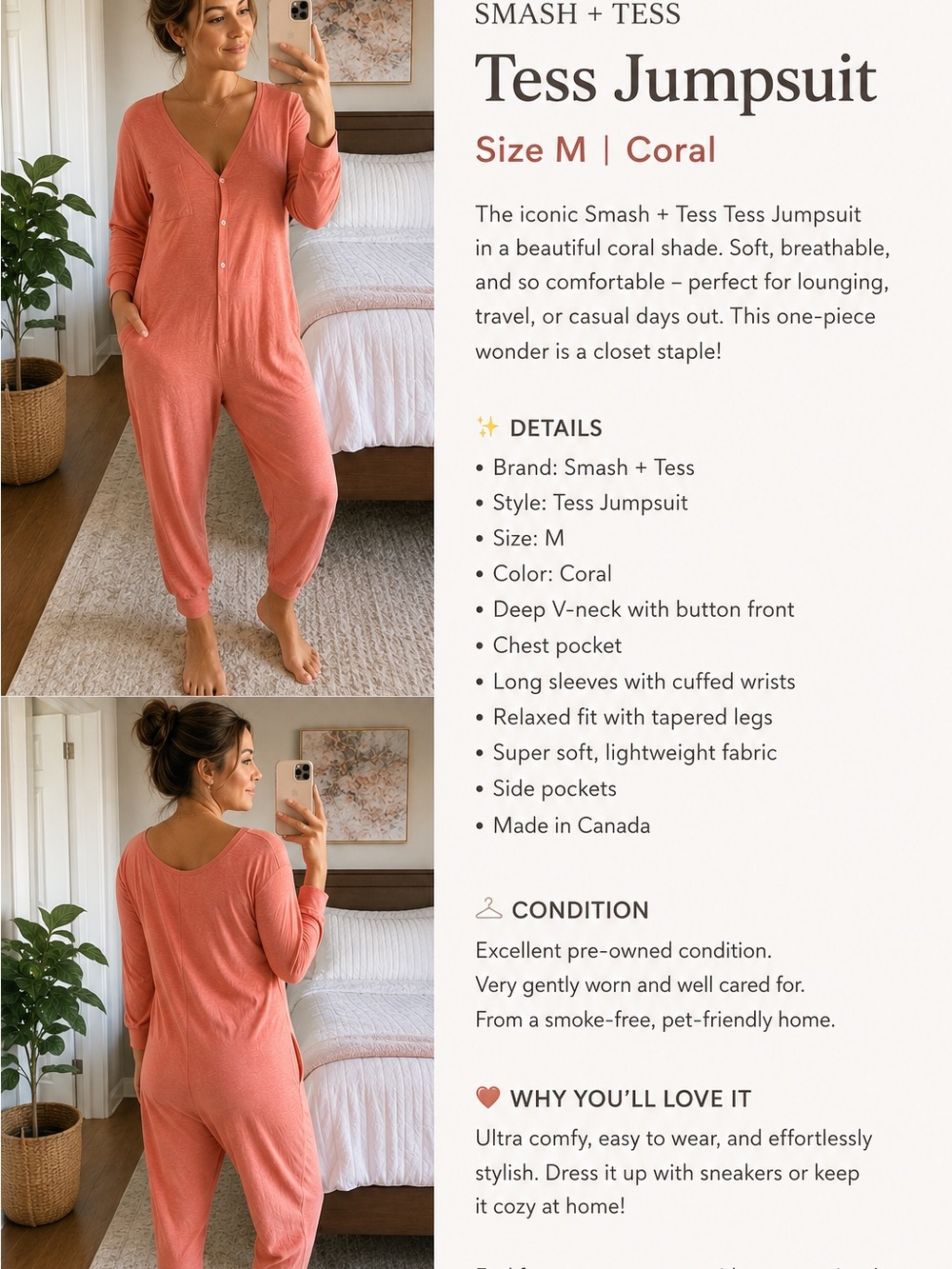 Smash + Tess Coral V-Neck Tess Jumpsuit